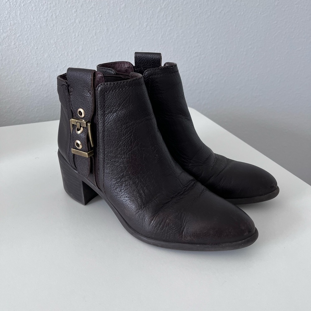 Franco Sarto Dark Brown Leather Ankle Booties with Side Buckle
